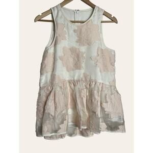 Tibi Pink White Silk Cotton Sleeveless Floral Mesh Preppy Peplum Top Size 2